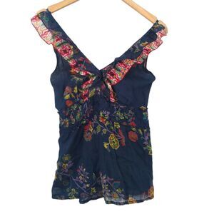 Coline Womens Juniors L/XL Sleeveless Top Blue Ruffles Strappy Back